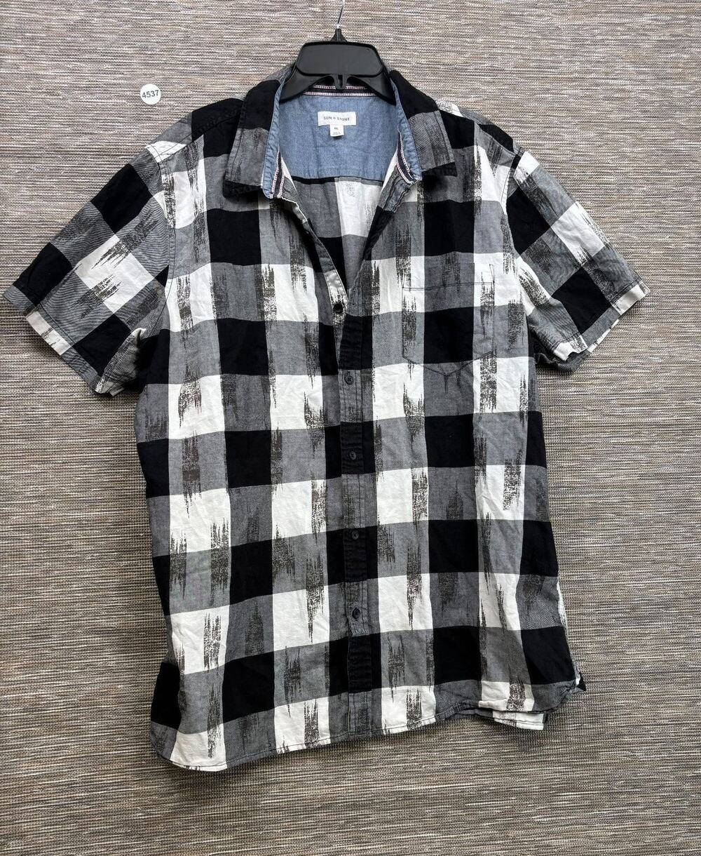 Sun + Stone Shirt Mens 2XL Black Gray Plaid Button Up Short Sleeve Cotton Casual